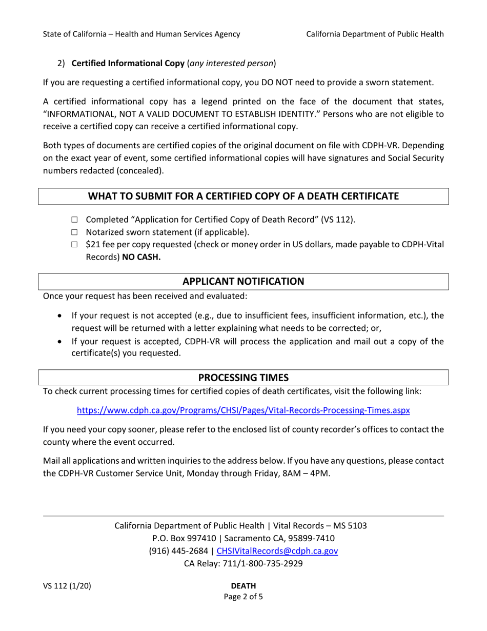 Form VS112 Application for Certified Copy of Death Record - California, Page 2
