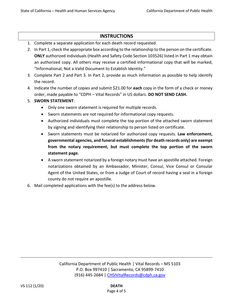 Form VS112 Application for Certified Copy of Death Record - California, Page 4