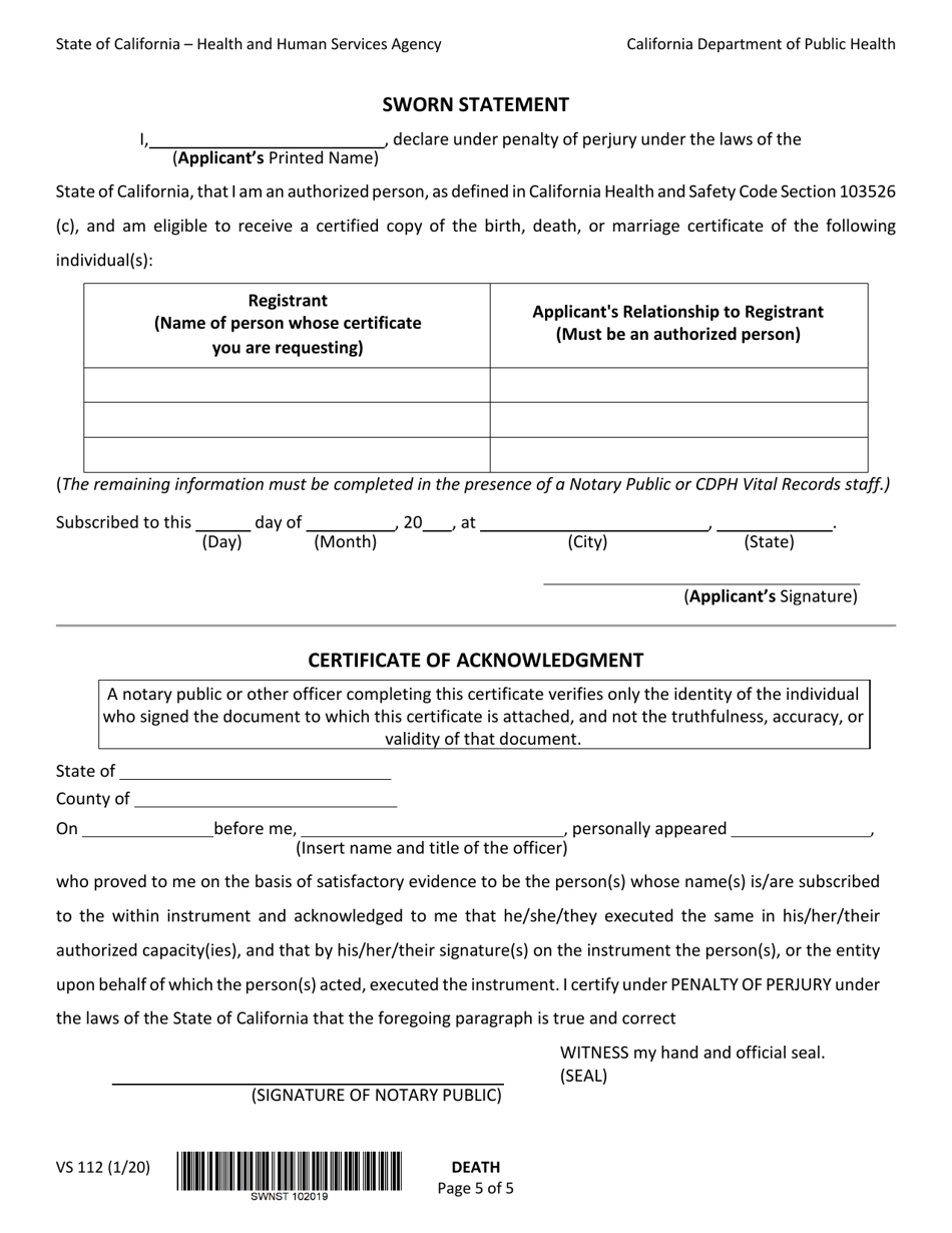 Form VS112 Application for Certified Copy of Death Record - California, Page 5