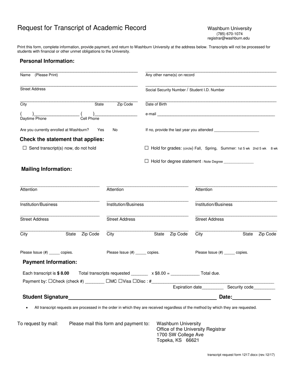 Request for Transcript of Academic Record - Washburn University, Page 1