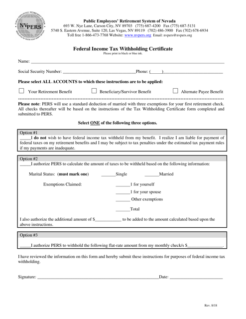"Federal Income Tax Withholding Certificate" - Nevada Download Pdf