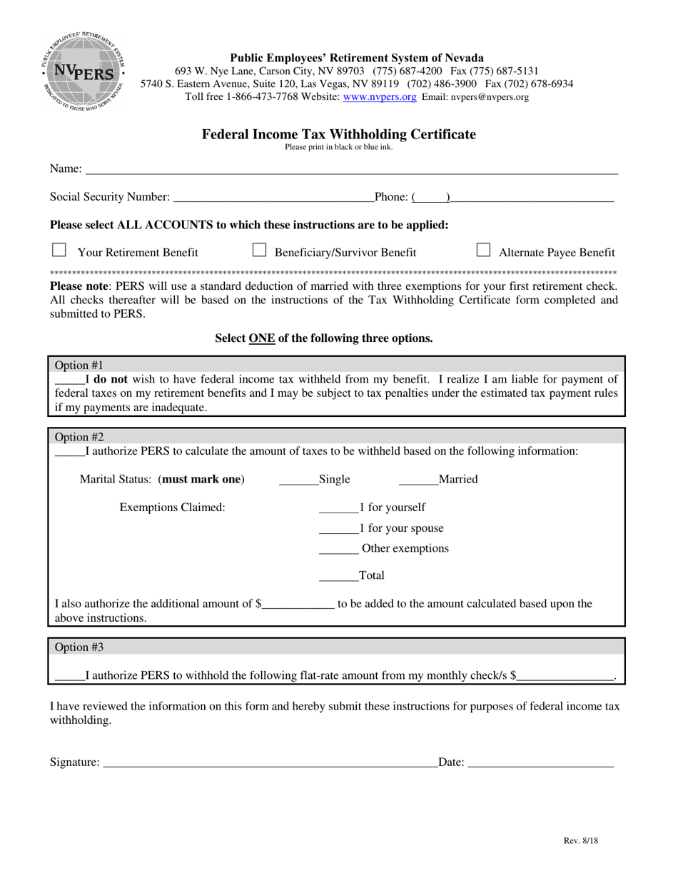 Federal Income Tax Withholding Certificate - Nevada, Page 1