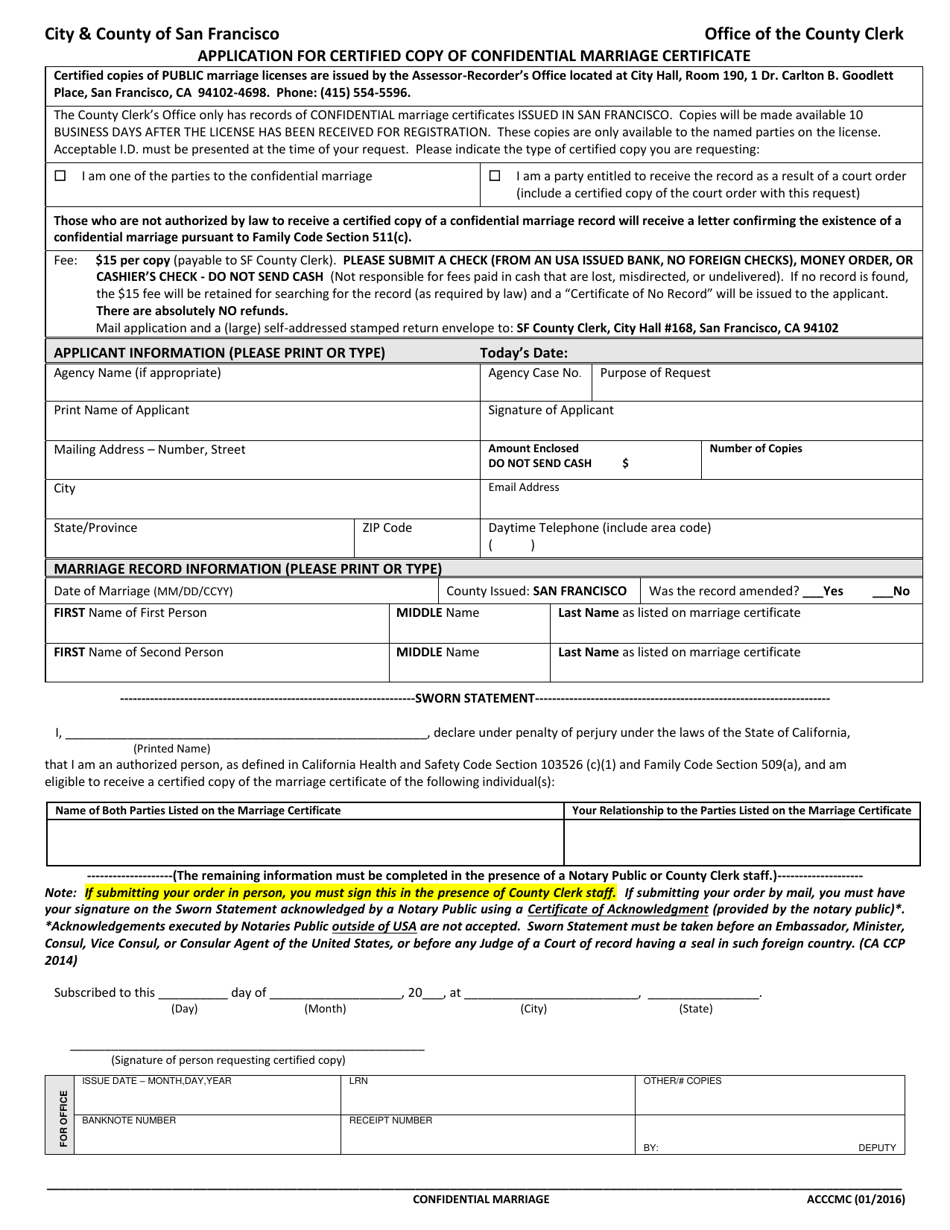 Form ACCCMC Application for Certified Copy of Confidential Marriage Certificate - City and County of San Francisco, California, Page 1