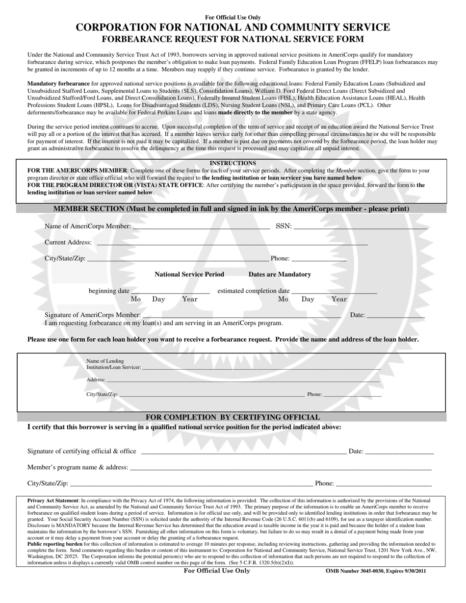 Forbearance Request for National Service Form, Page 1