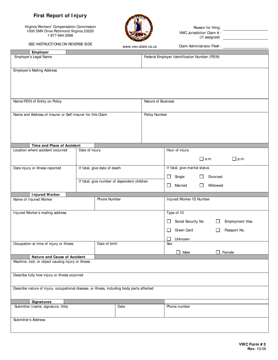 VWC Form 3 First Report of Injury - Virginia, Page 1