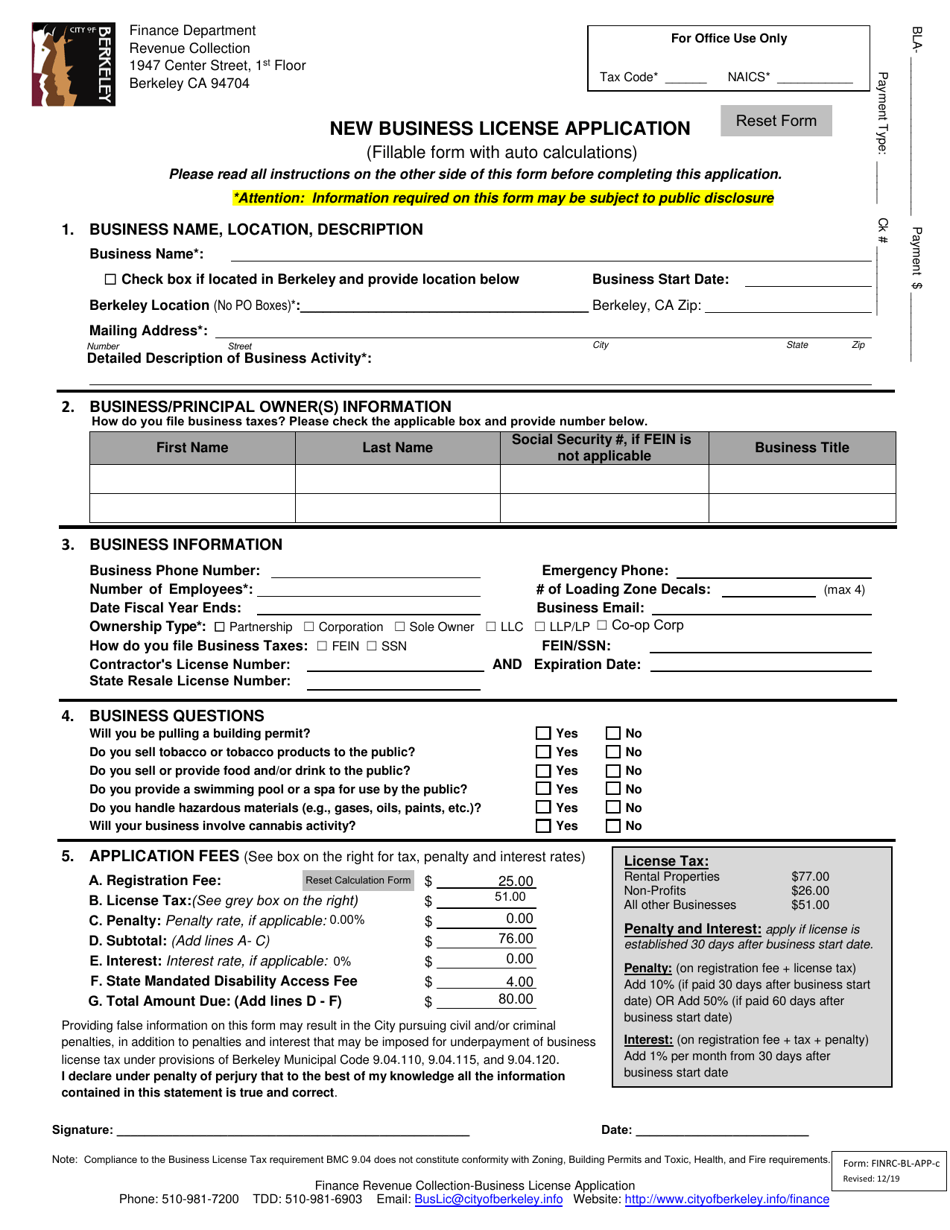 Form FINRC-BL-APP-C New Business License Application - City of Berkeley, California, Page 1