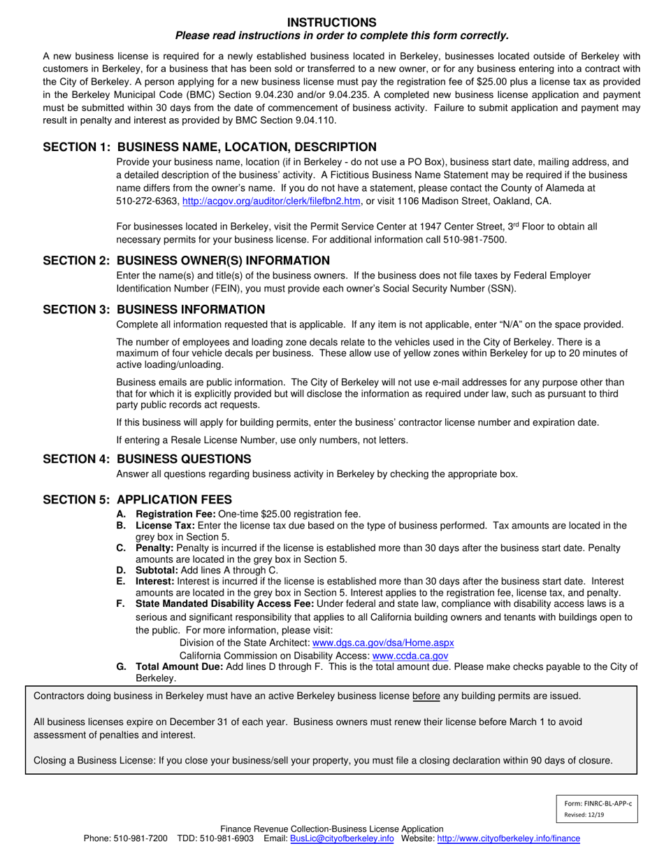 Form FINRC-BL-APP-C New Business License Application - City of Berkeley, California, Page 2