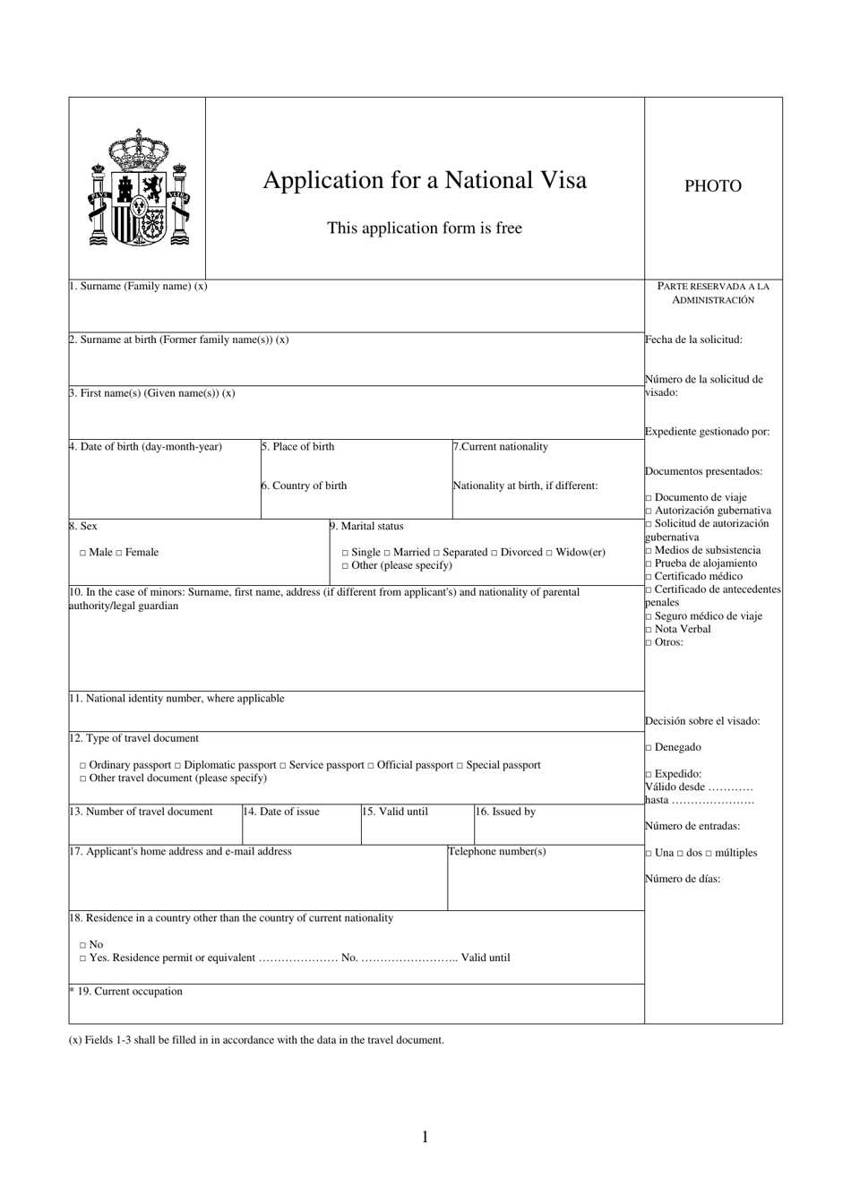 Application for a National Visa - Spain, Page 1