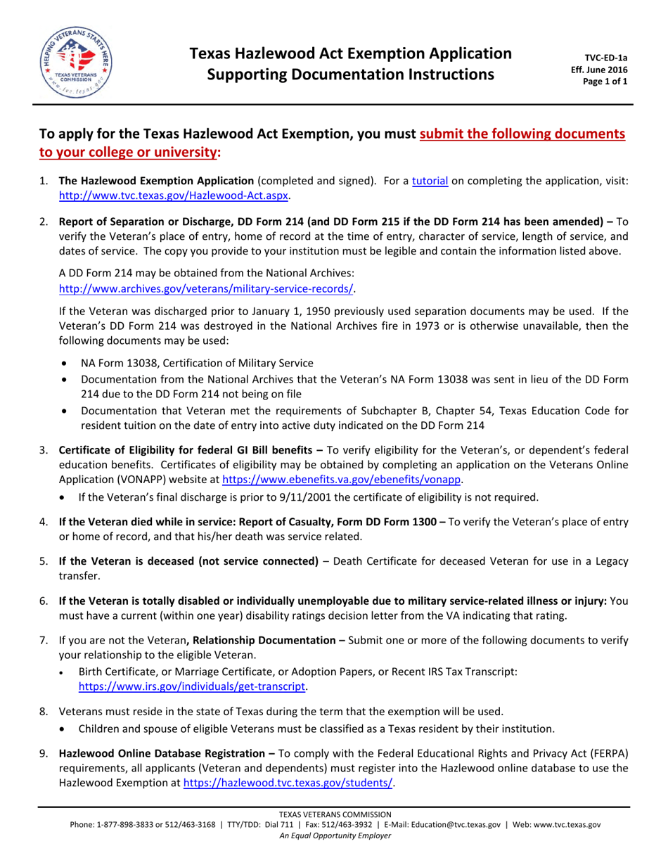 Form TVC-ED-1 Texas Hazlewood Act Exemption Application - Texas, Page 1