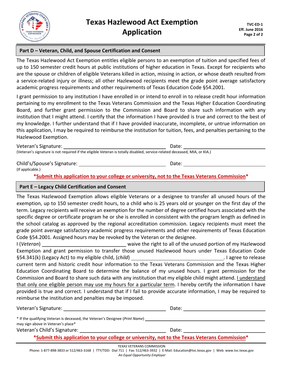 Form TVC-ED-1 Texas Hazlewood Act Exemption Application - Texas, Page 3