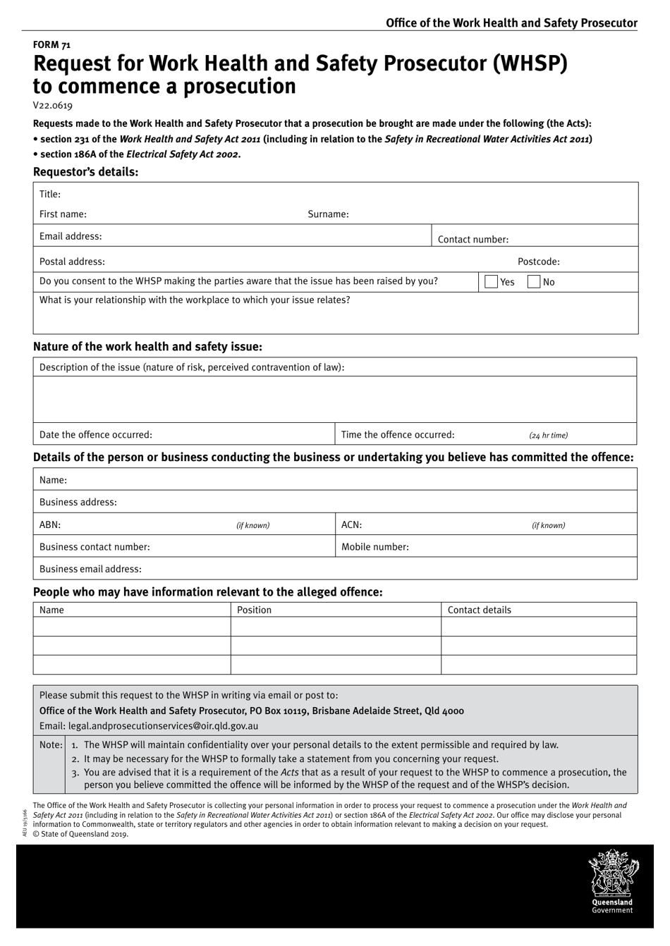 Form 71 Request for Work Health and Safety Prosecutor (Whsp) to Commence a Prosecution - Queensland, Australia, Page 1
