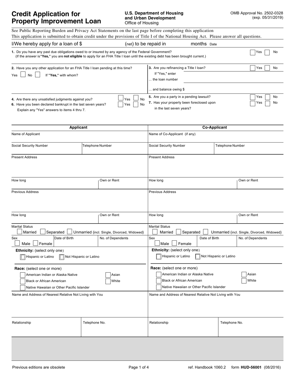 Form HUD-56001 Credit Application for Property Improvement Loan, Page 1