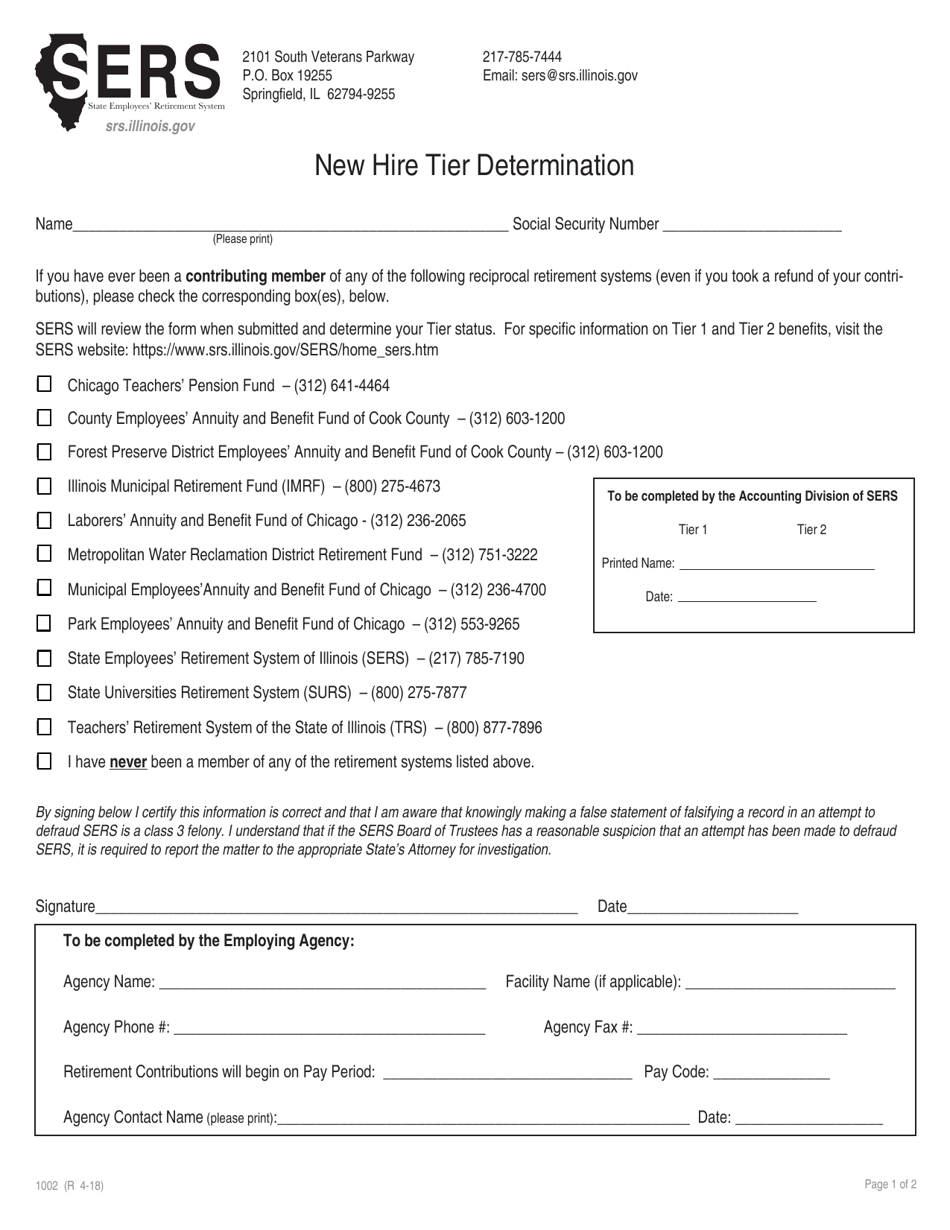 Form 1002 New Hire Tier Determination - Illinois, Page 1