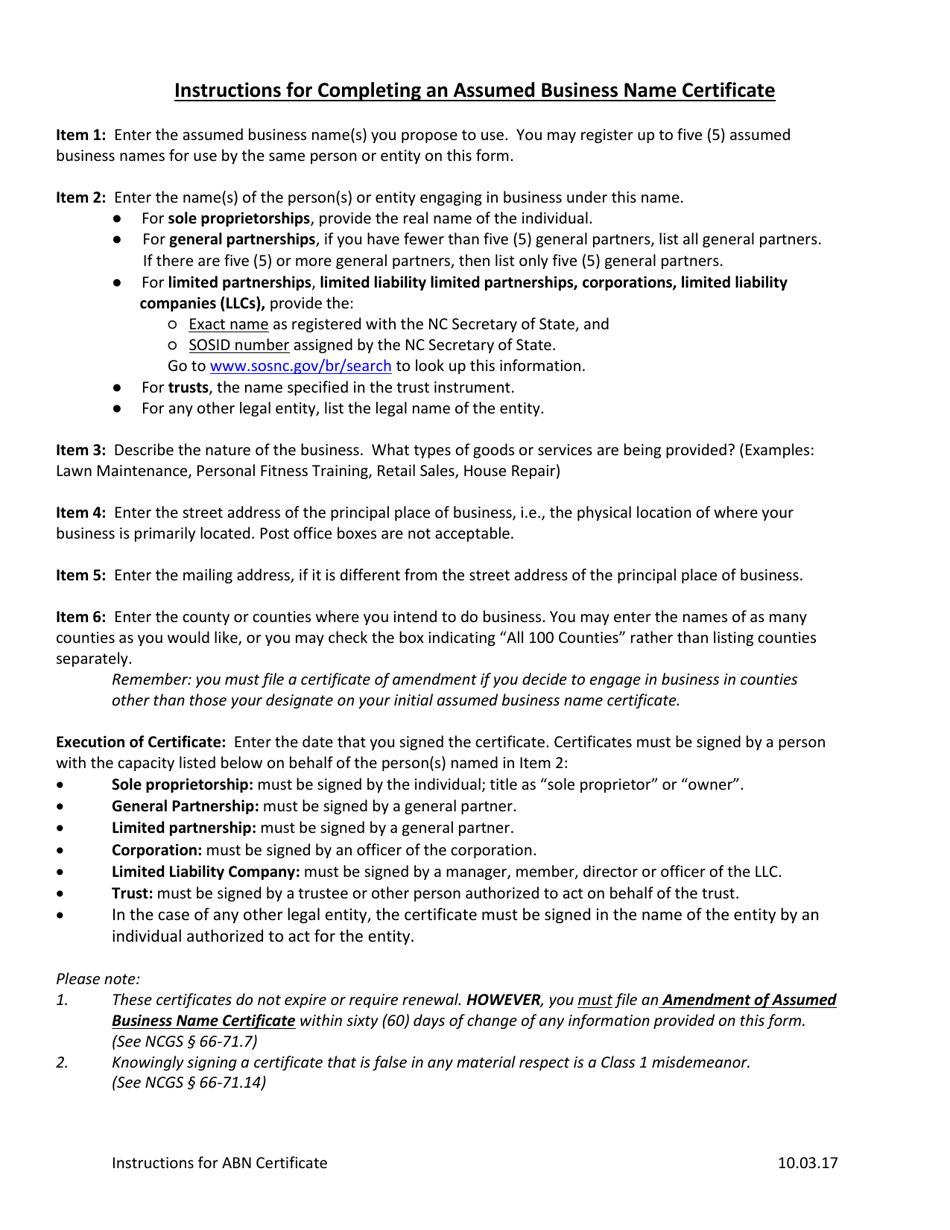Assumed Business Name Certificate (Ncgs 66-71.5) - North Carolina, Page 2