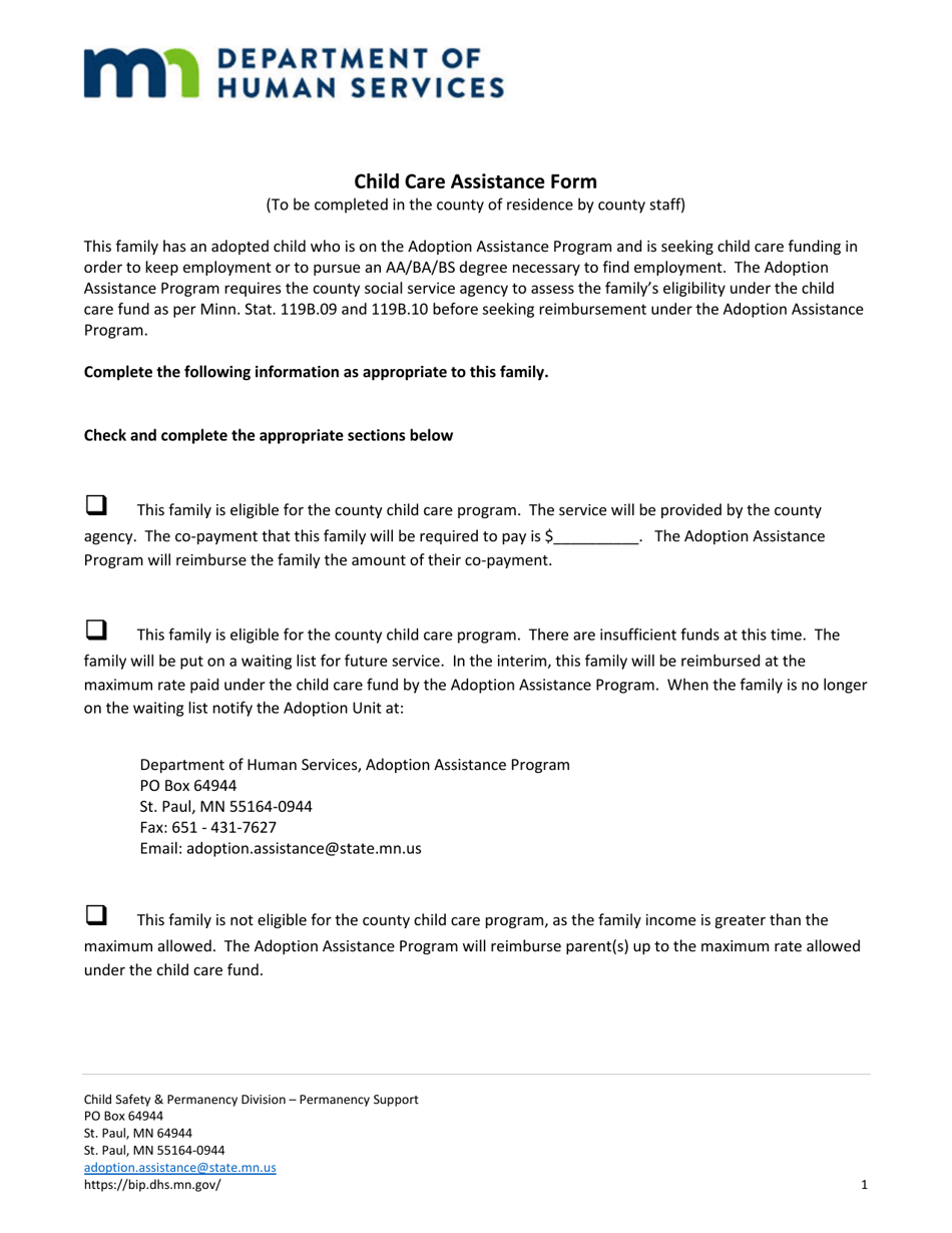 Child Care Assistance Form - Minnesota, Page 1
