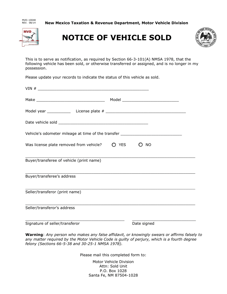 Form MVD-10048 Notice of Vehicle Sold - New Mexico, Page 1