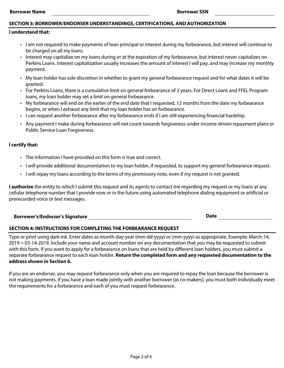 General Forbearance Request William D. Ford Federal Direct Loan (Direct Loan) Program / Federal Family Education Loan (Ffel) Program / Federal Perkins Loan (Perkins Loan) Program, Page 2