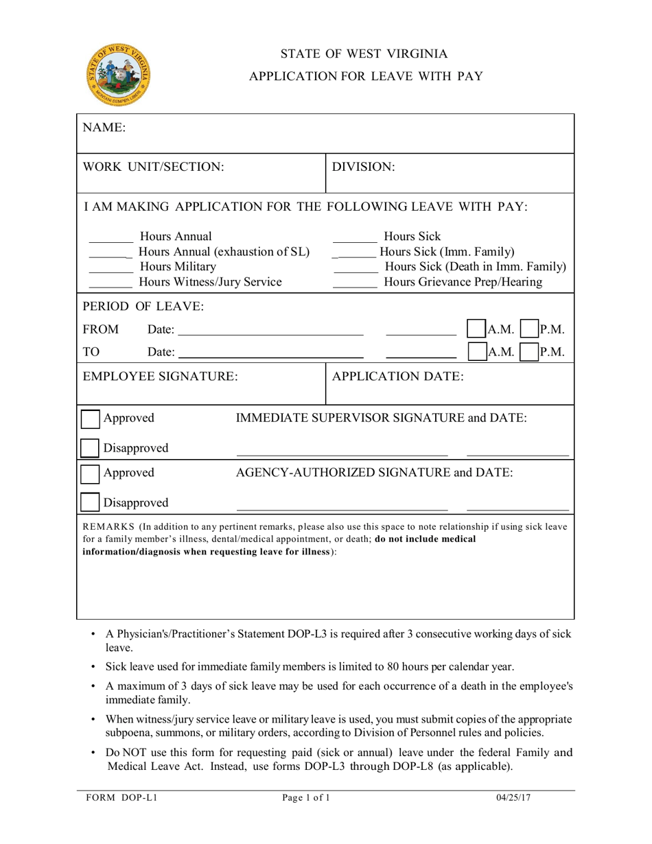 Form DOP-L1 Application for Leave With Pay - West Virginia, Page 1