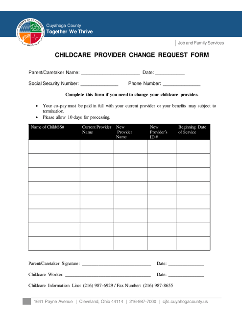 Childcare Provider Change Request Form - Cuyahoga County, Ohio Download Pdf