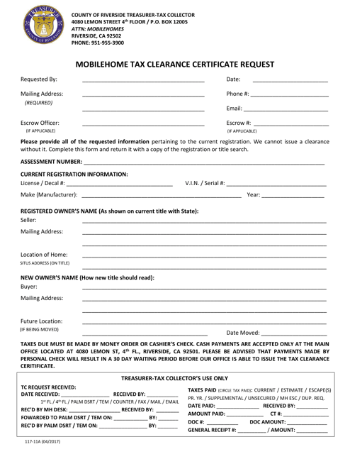 Form 117-11A Mobilehome Tax Clearance Certificate Request - Riverside County, California