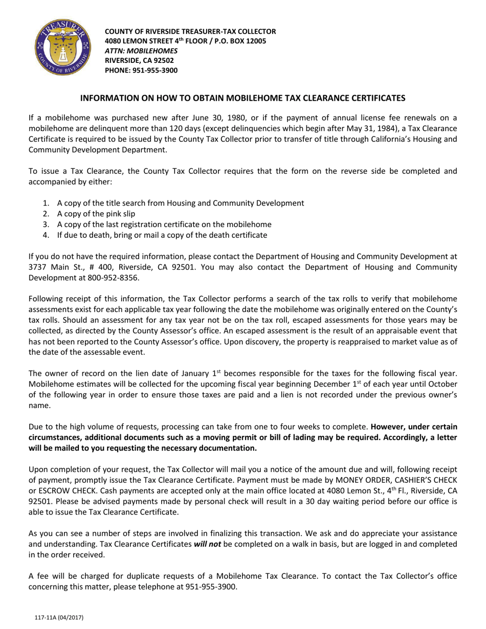 Form 117-11A Mobilehome Tax Clearance Certificate Request - Riverside County, California, Page 2