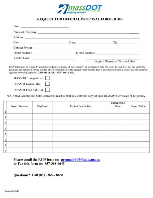 Form R109 Request for Official Proposal Form - Massachusetts