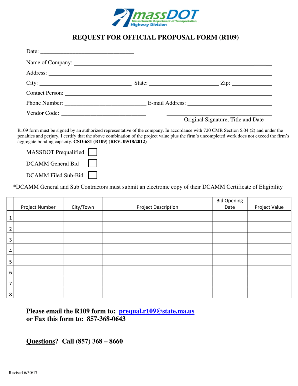 Form R109 Request for Official Proposal Form - Massachusetts, Page 1