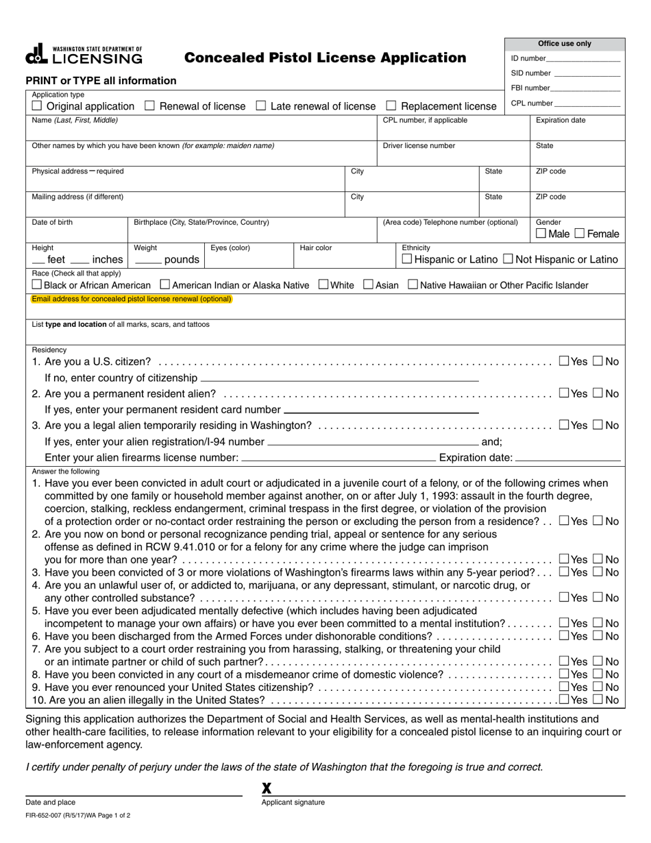 Form FIR-652-007 Concealed Pistol License Application - Washington, Page 1