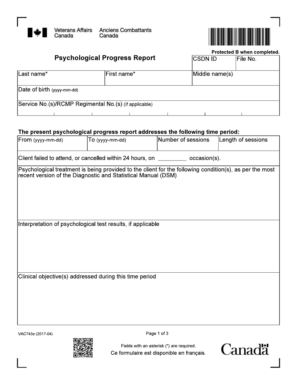 Form VAC743E Psychological Progress Report - Canada, Page 1