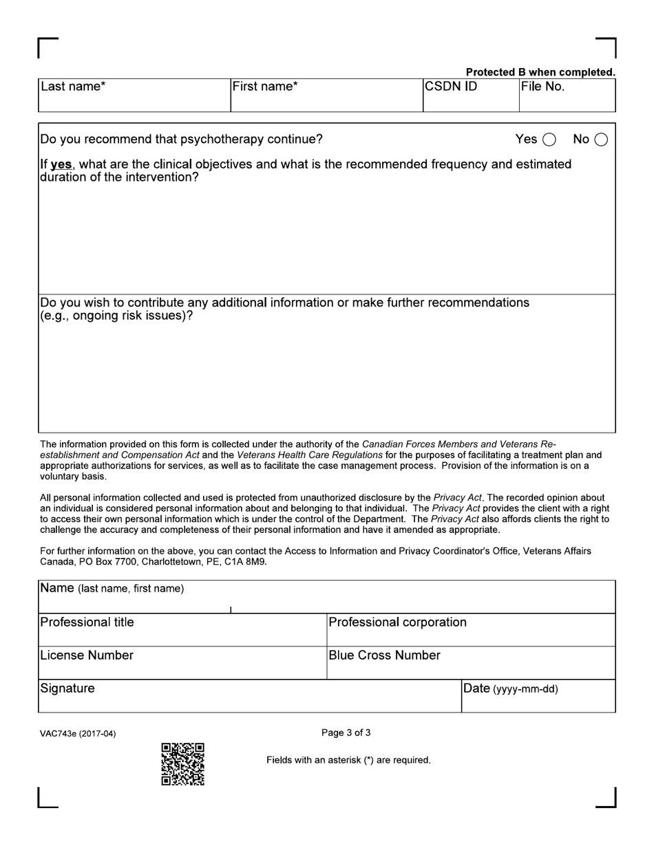 Form VAC743E Psychological Progress Report - Canada, Page 3