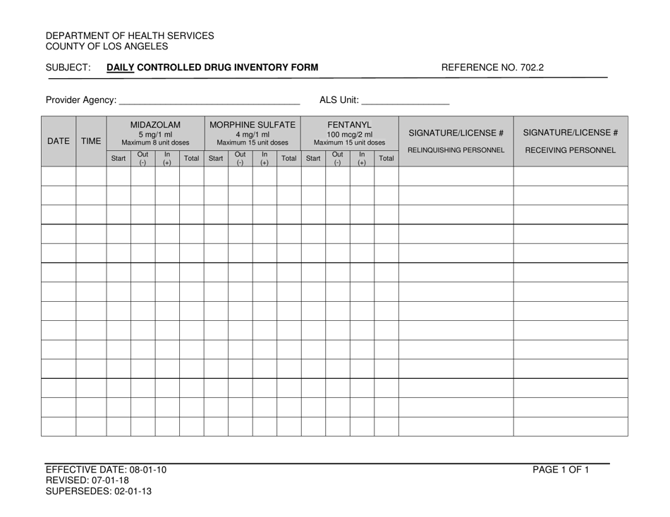 Daily Controlled Drug Inventory Form - Los Angeles County, California, Page 1