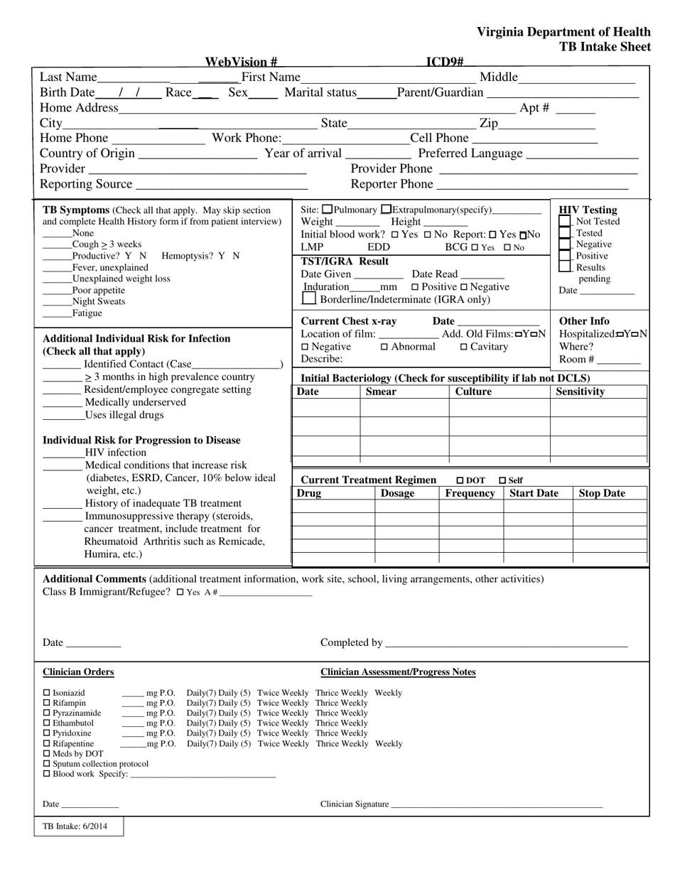 Virginia Tb Intake Sheet - Fill Out, Sign Online and Download PDF ...