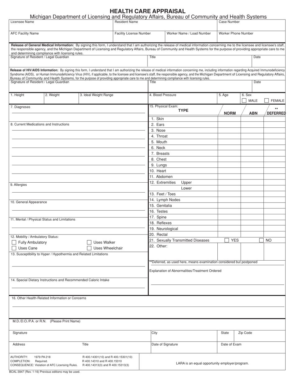 Form BCAL-3947 Health Care Appraisal - Michigan, Page 1