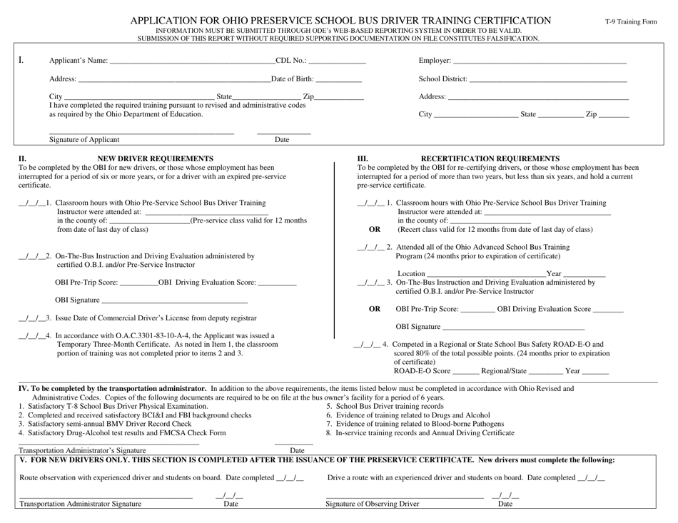Form T-9 Application for Ohio Preservice School Bus Driver Training Certification - Ohio, Page 1