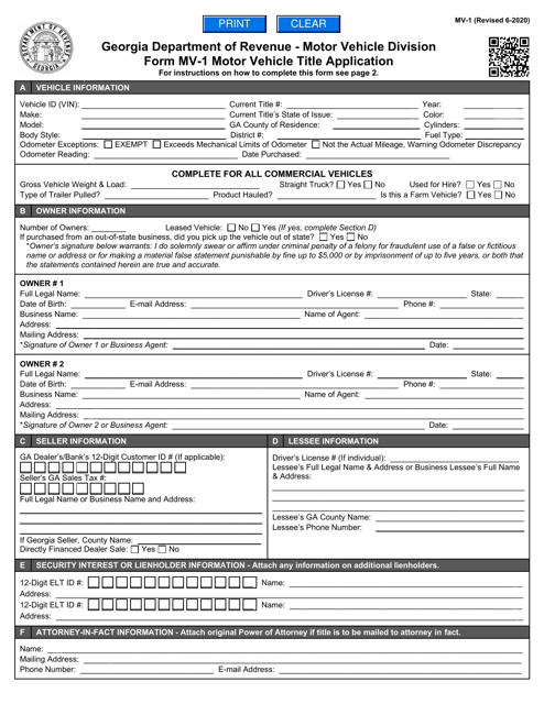 Form MV-1  Printable Pdf