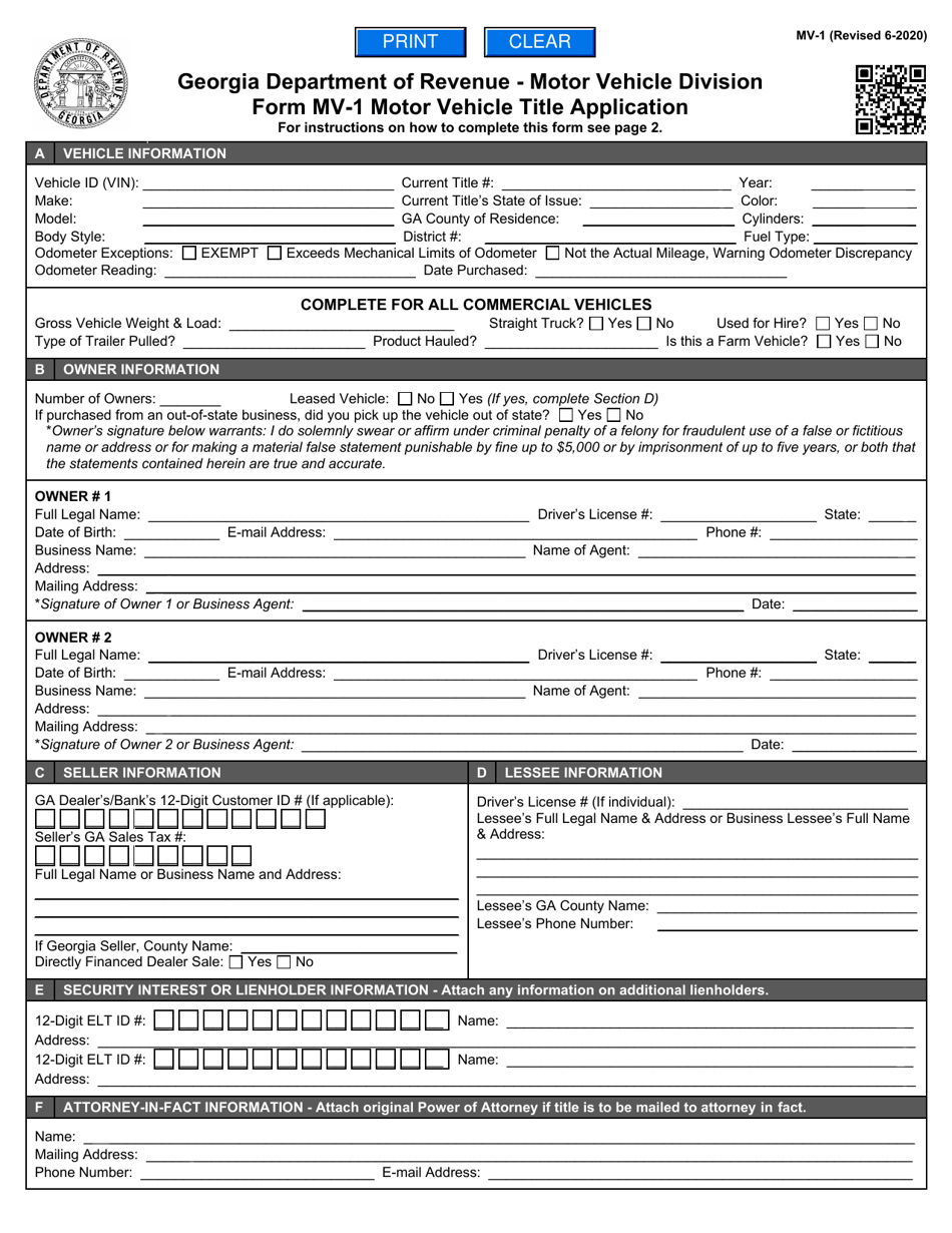 Form MV-1 Motor Vehicle Title Application - Georgia (United States), Page 1