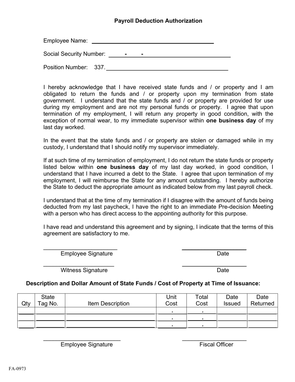 Form FA-0973 Payroll Deduction Authorization - Tennessee, Page 1