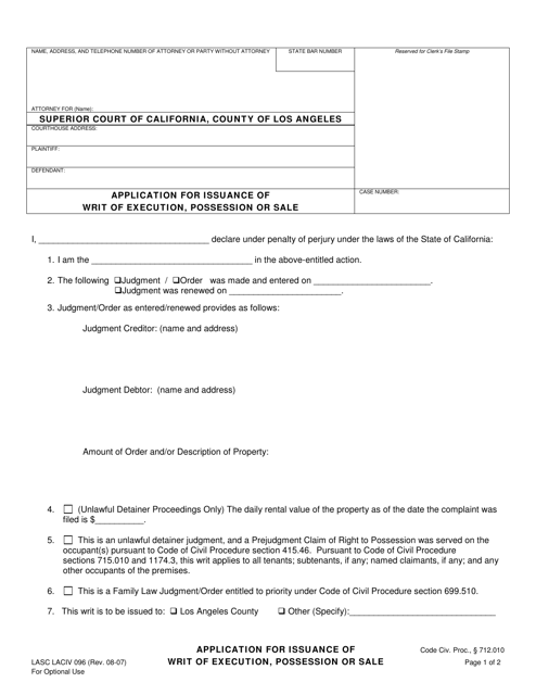 Form LACIV096 Application for Issuance of Writ of Execution, Possession or Sale - County of Los Angeles, California
