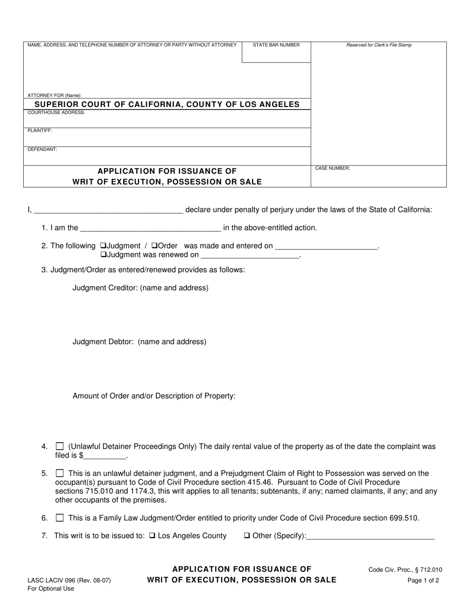 Form LACIV096 Application for Issuance of Writ of Execution, Possession or Sale - County of Los Angeles, California, Page 1
