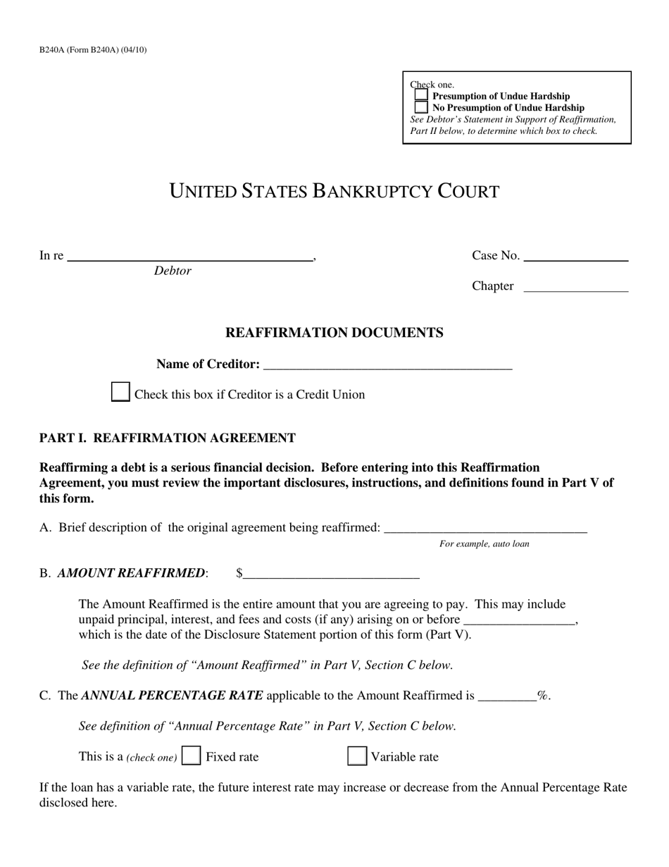 Form B240A Reaffirmation Documents, Page 1