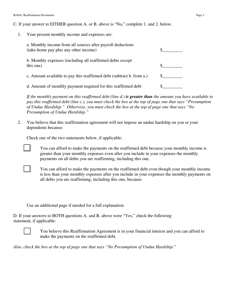 Form B240A Reaffirmation Documents, Page 3