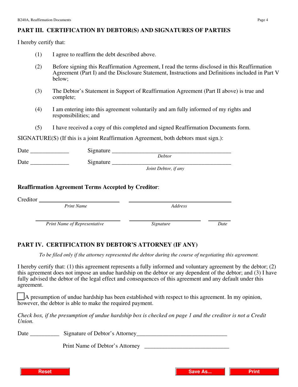 Form B240A Reaffirmation Documents, Page 4