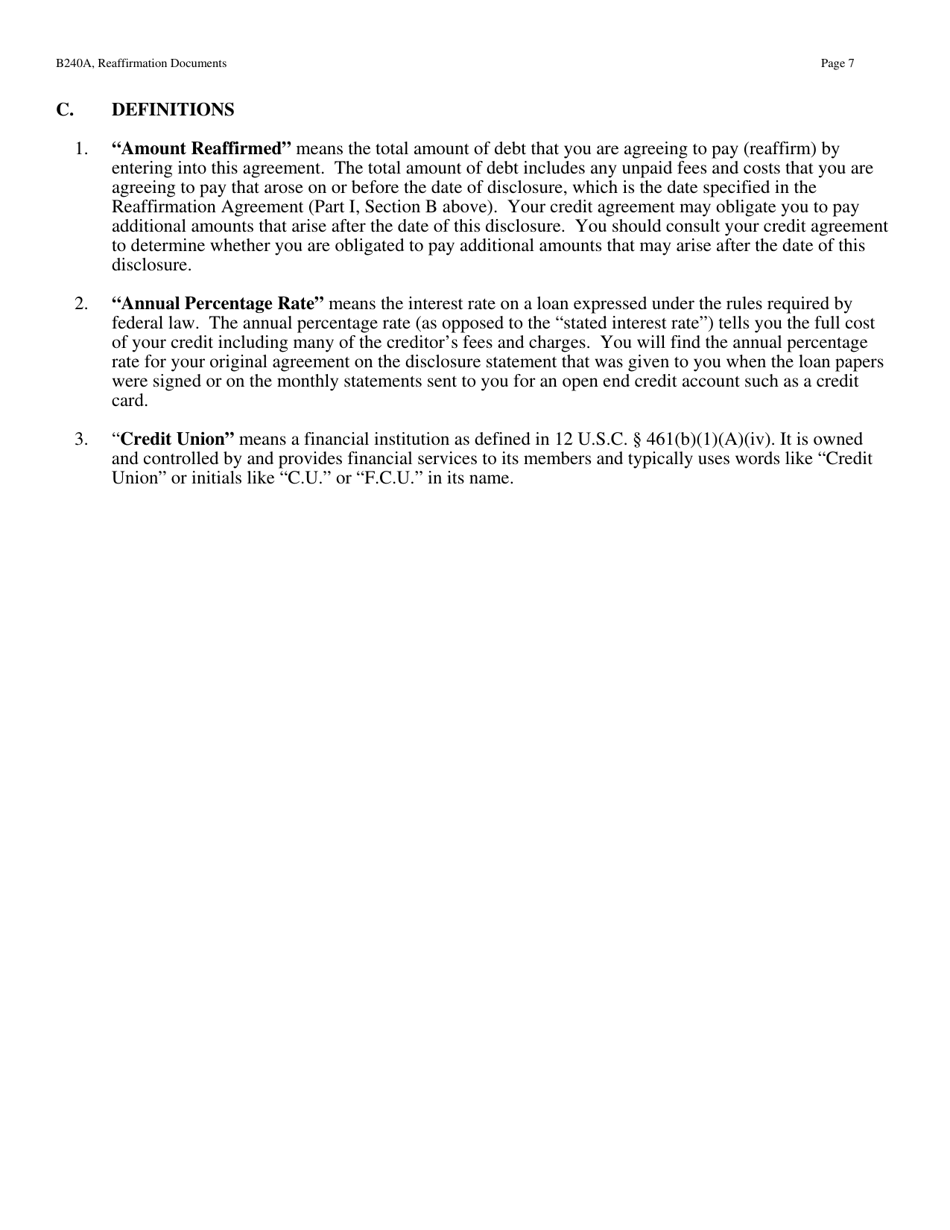 Form B240A Reaffirmation Documents, Page 7