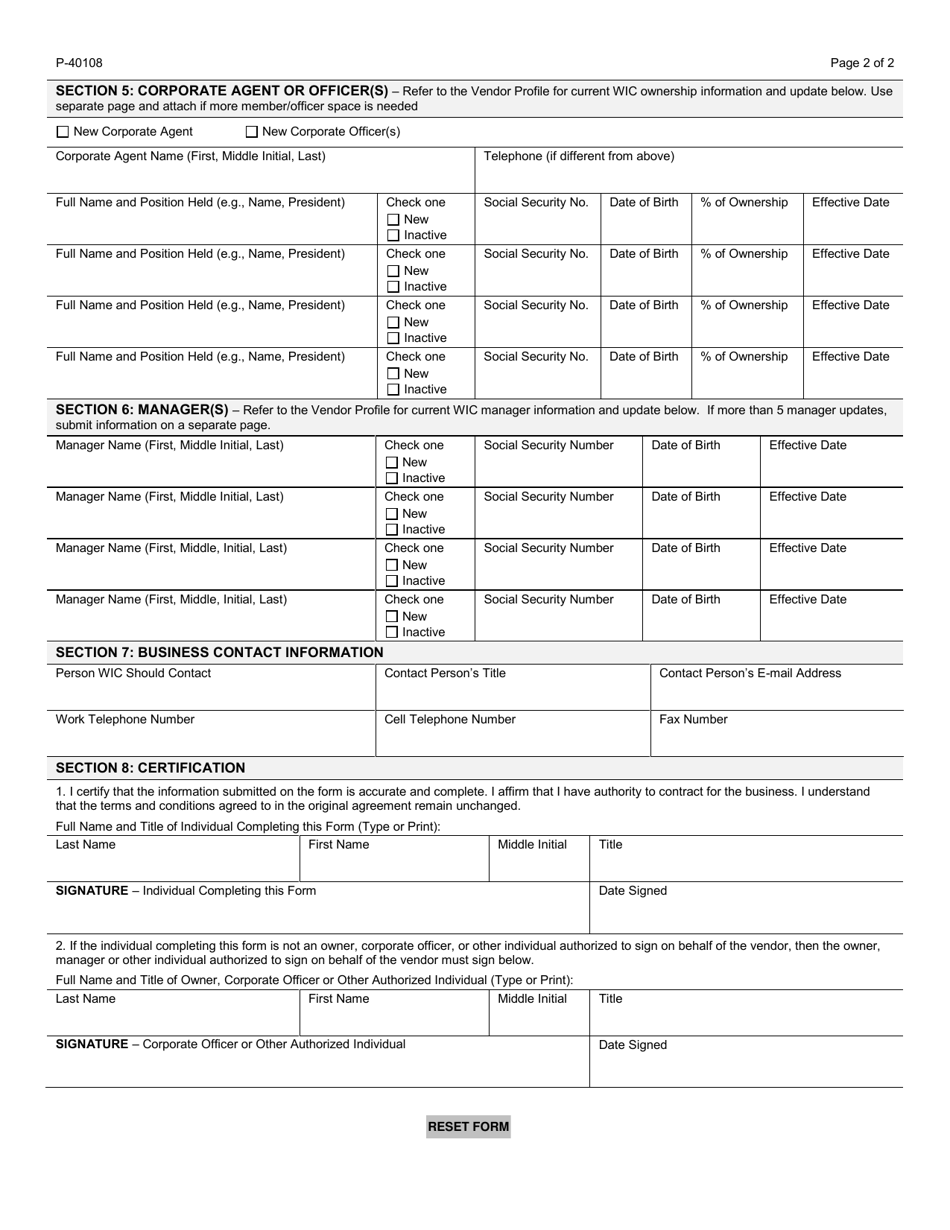Form F-40108 Retail Vendor Application Amendment Wisconsin Women, Infants and Children (Wic) Program - Wisconsin, Page 2