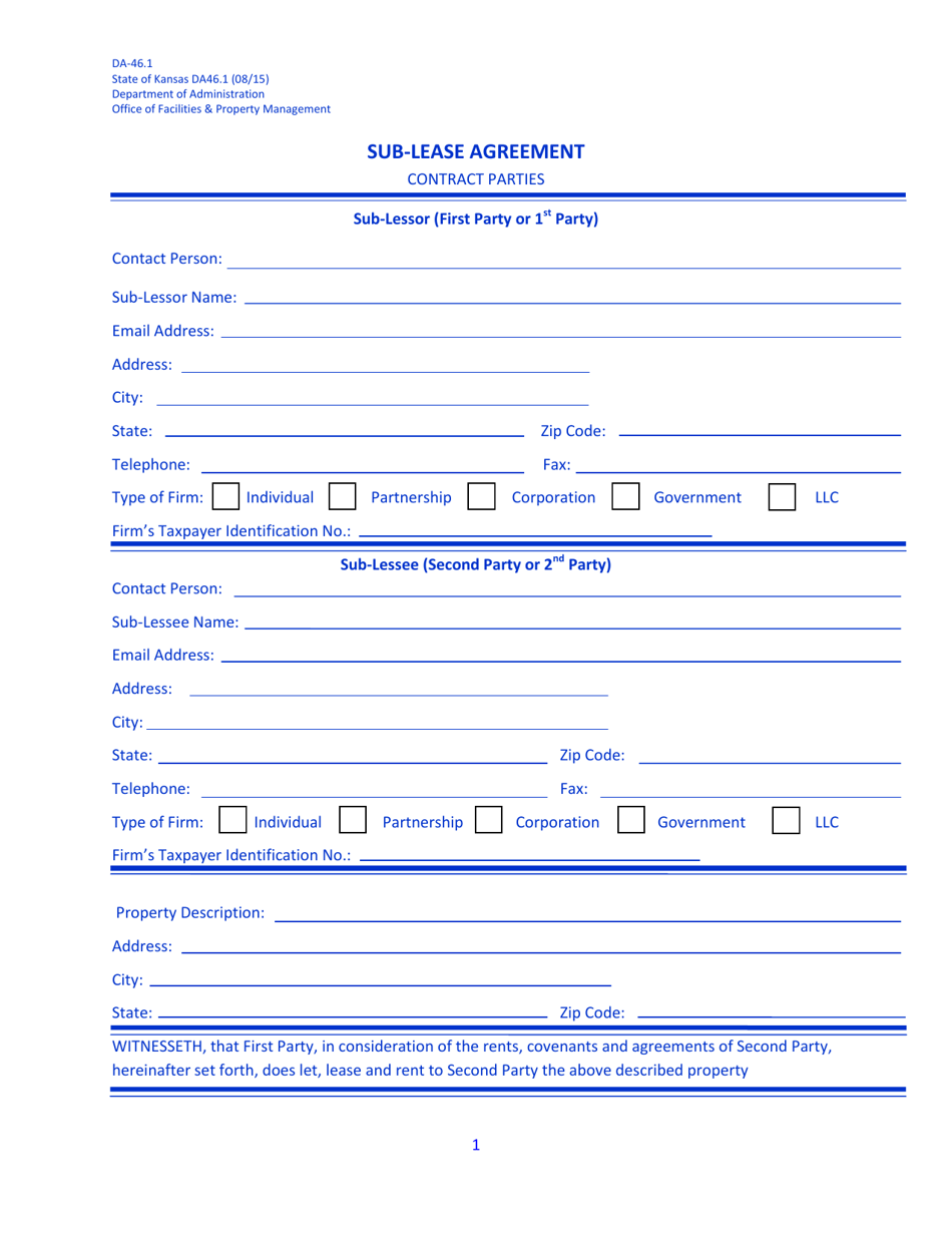 Form DA-46.1 Sublease Agreement - Kansas, Page 1