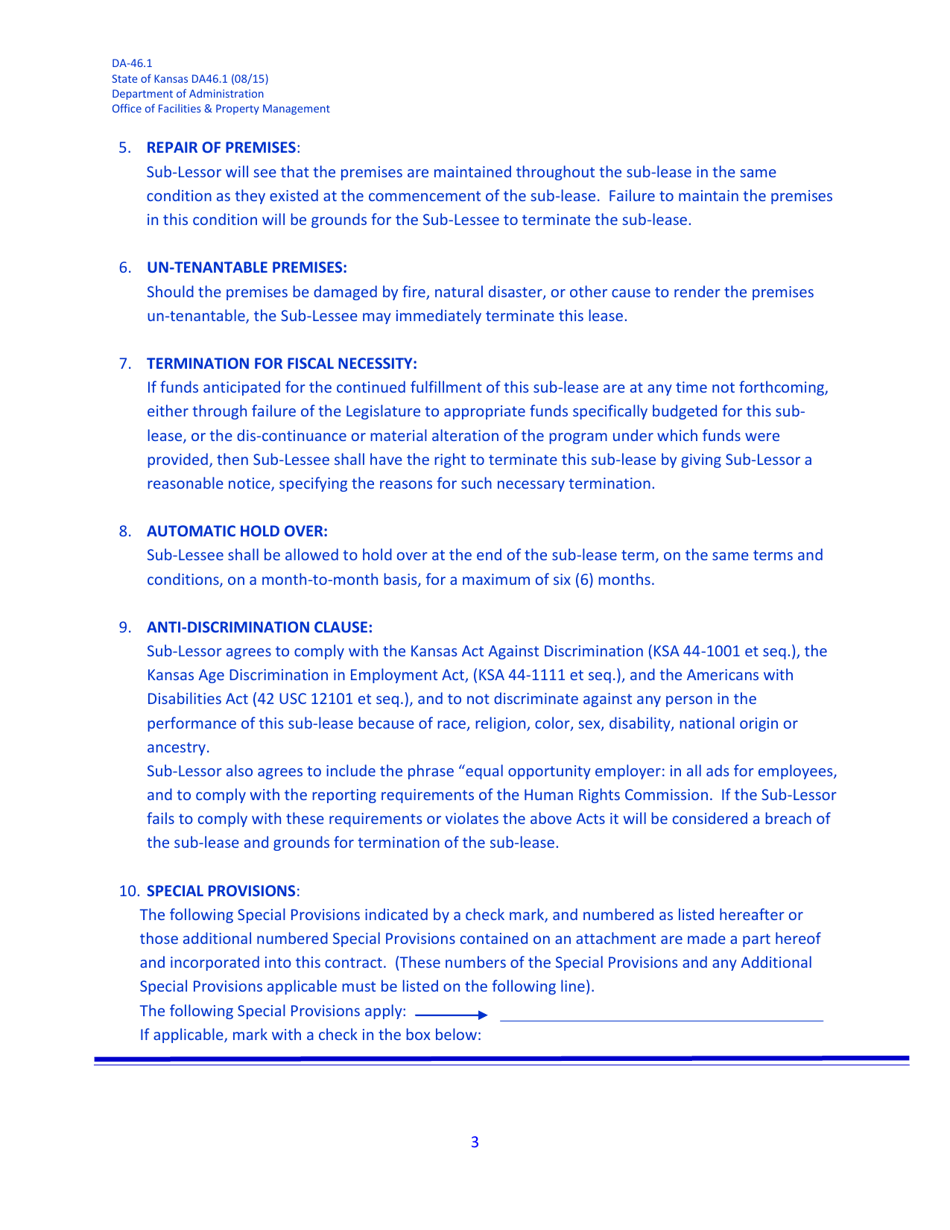 Form DA-46.1 Sublease Agreement - Kansas, Page 3