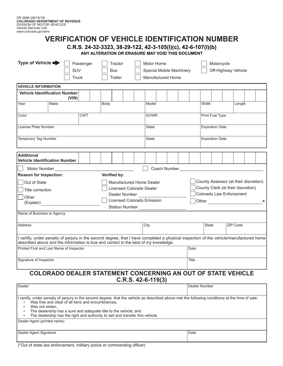 Form DR2698 Verification of Vehicle Identification Number - Colorado, Page 1