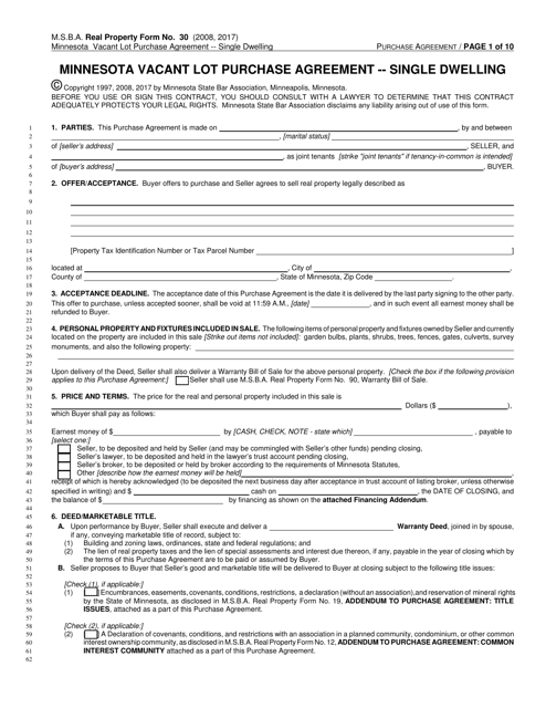 Form RPF30 Minnesota Vacant Lot Purchase Agreement - Single Dwelling - Minnesota