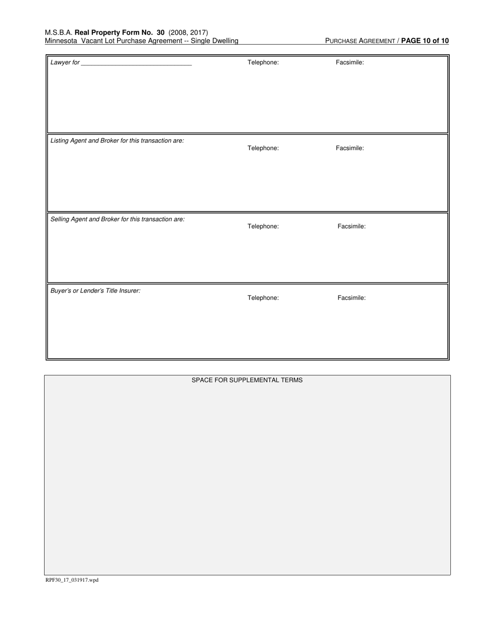 Form RPF30 Minnesota Vacant Lot Purchase Agreement - Single Dwelling - Minnesota, Page 10