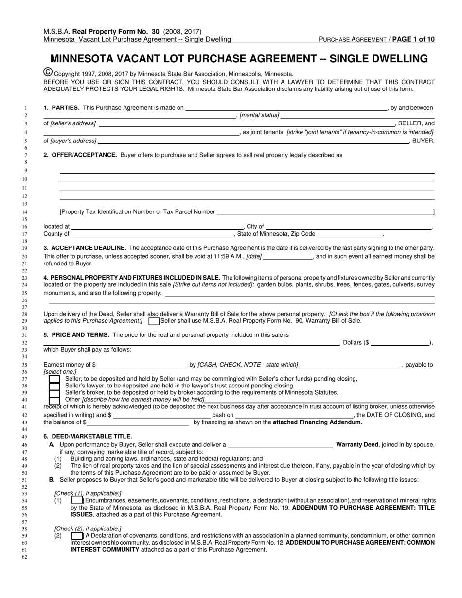 Form RPF30 Minnesota Vacant Lot Purchase Agreement - Single Dwelling - Minnesota, Page 1